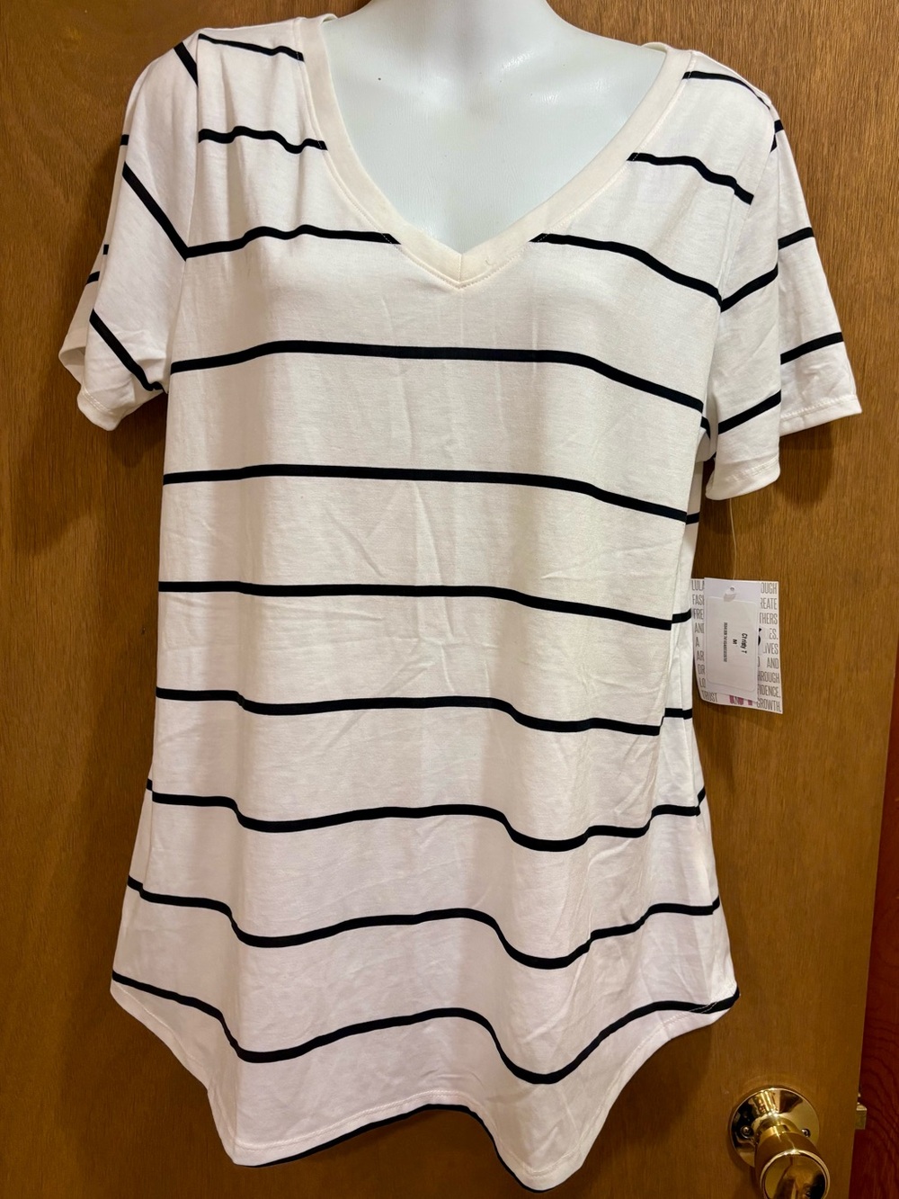 NWT LuLaRoe Christy T Tee Shirt Top Off White Black Striped V-Neck Medium